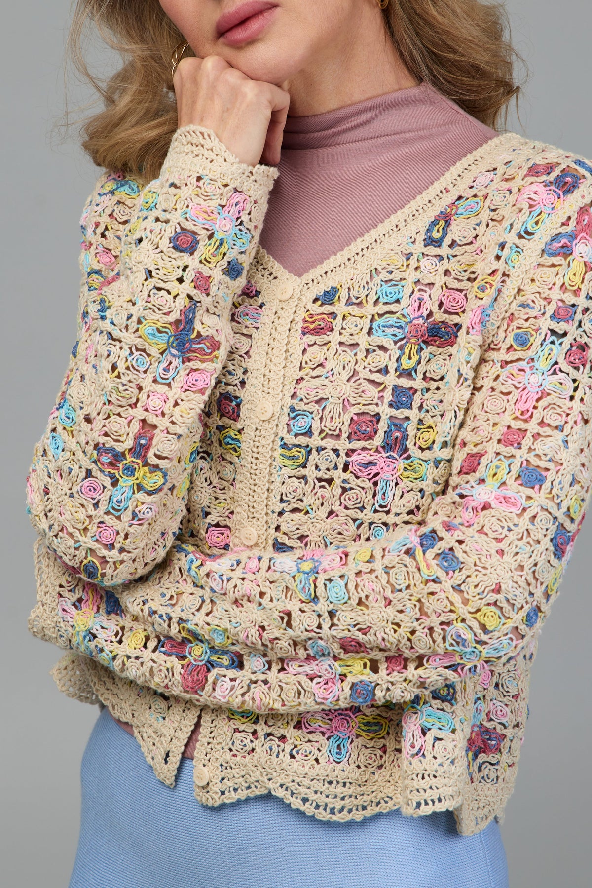Scalloped Floral Crochet Cardi - Multi