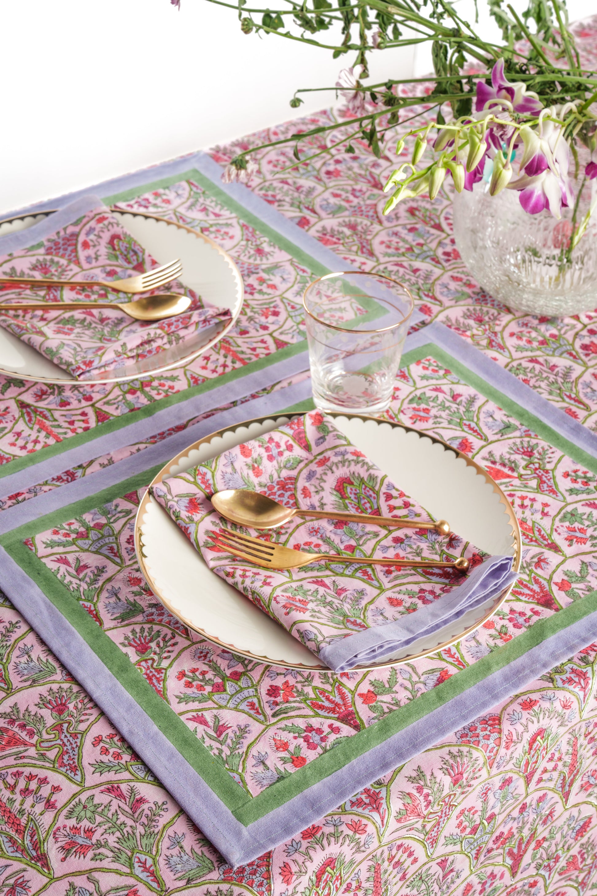 Pink arch blockprint napkins set of 4 at table with goldware from Inner Child