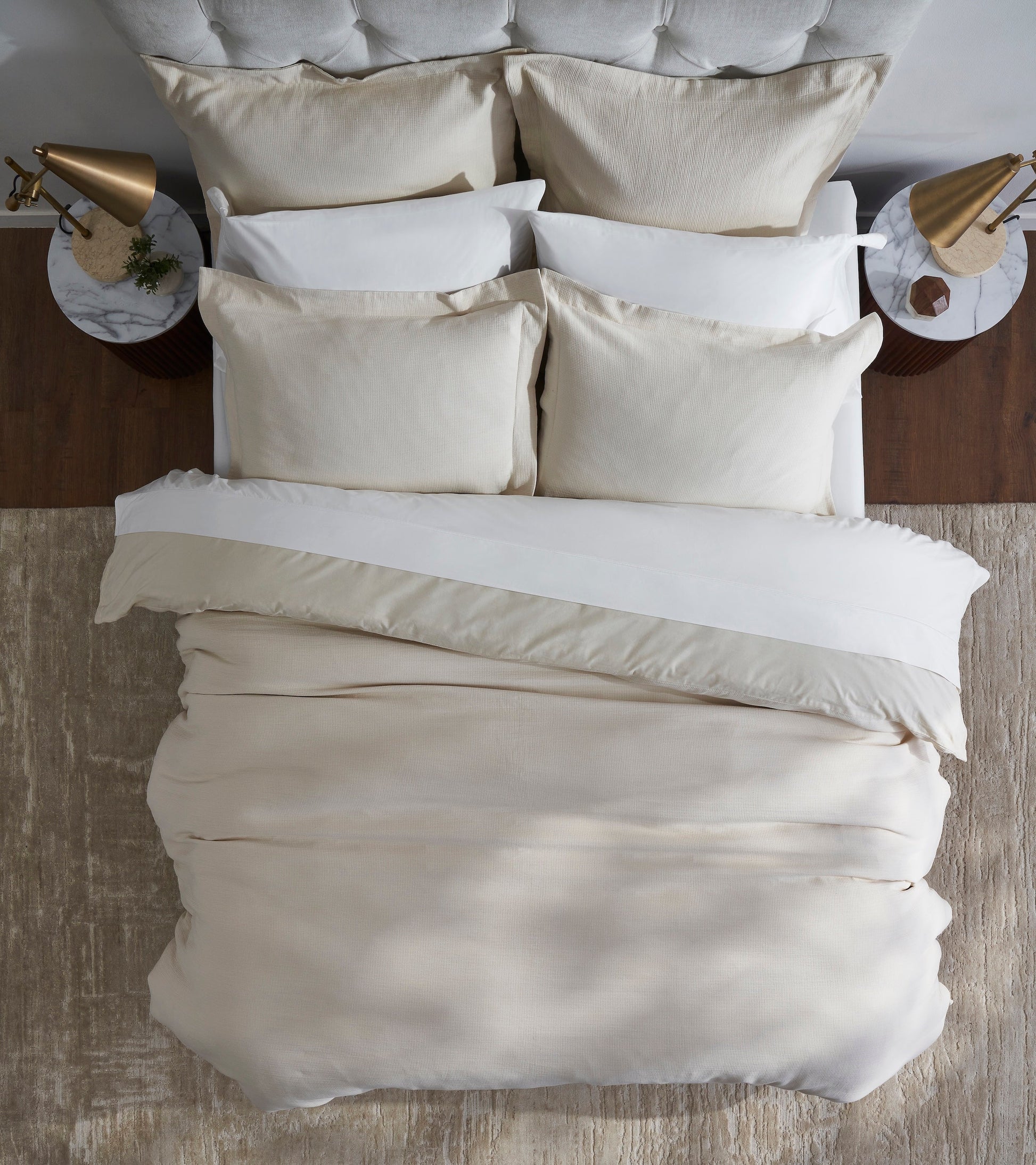 DT-068-9092_5|Overhead view of luxurious cream textured duvet cover, soft woven bedding for an elegant modern bedroom, cozy and inviting feel.