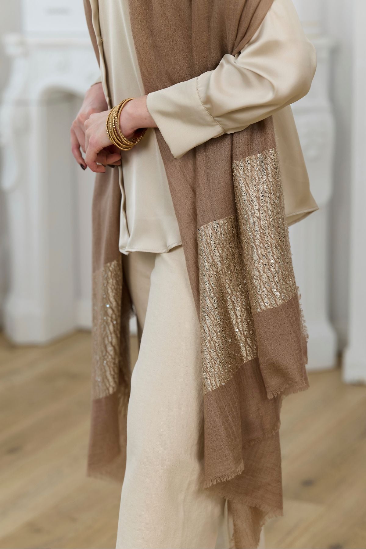 Embellished Cashmere Wrap - Wheat