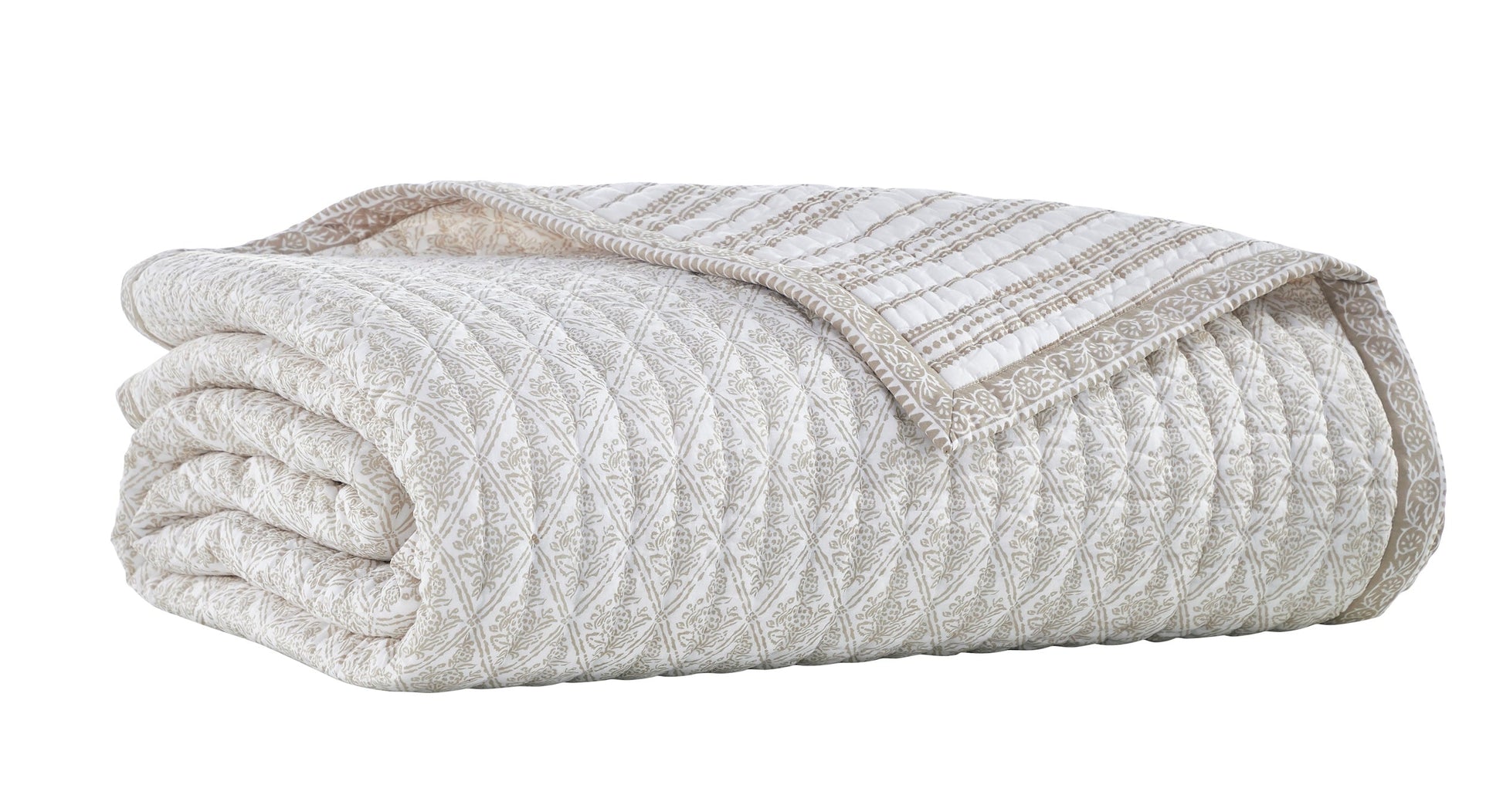 QT-348-9496_7|Rolled cream quilt with intricate gold geometric patterns, showcasing its soft texture and elegant design. Comfortable bedding.