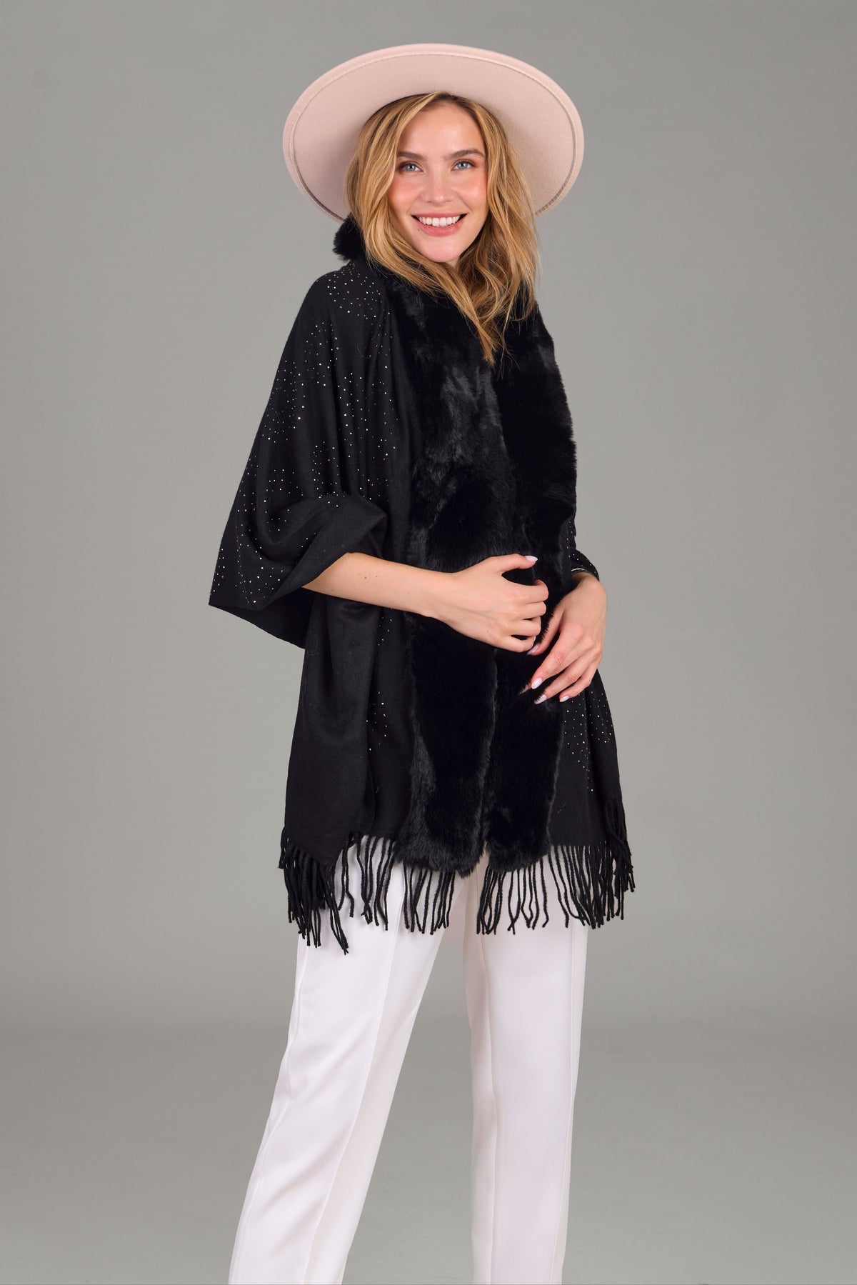 Faux Fur Crystal Scarf - Black