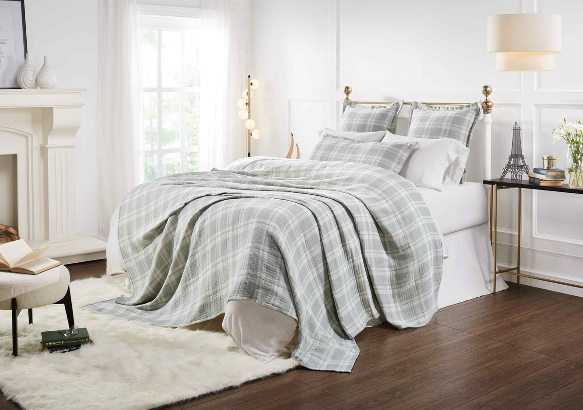 BT-119-9496_5|Stylish bedroom featuring a soft sage green and white plaid blanket draped over a bed, creating a tranquil sleeping space.