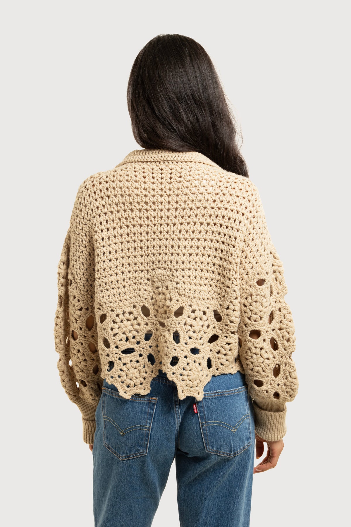 Floral Crochet Pullover Sweater - Beige