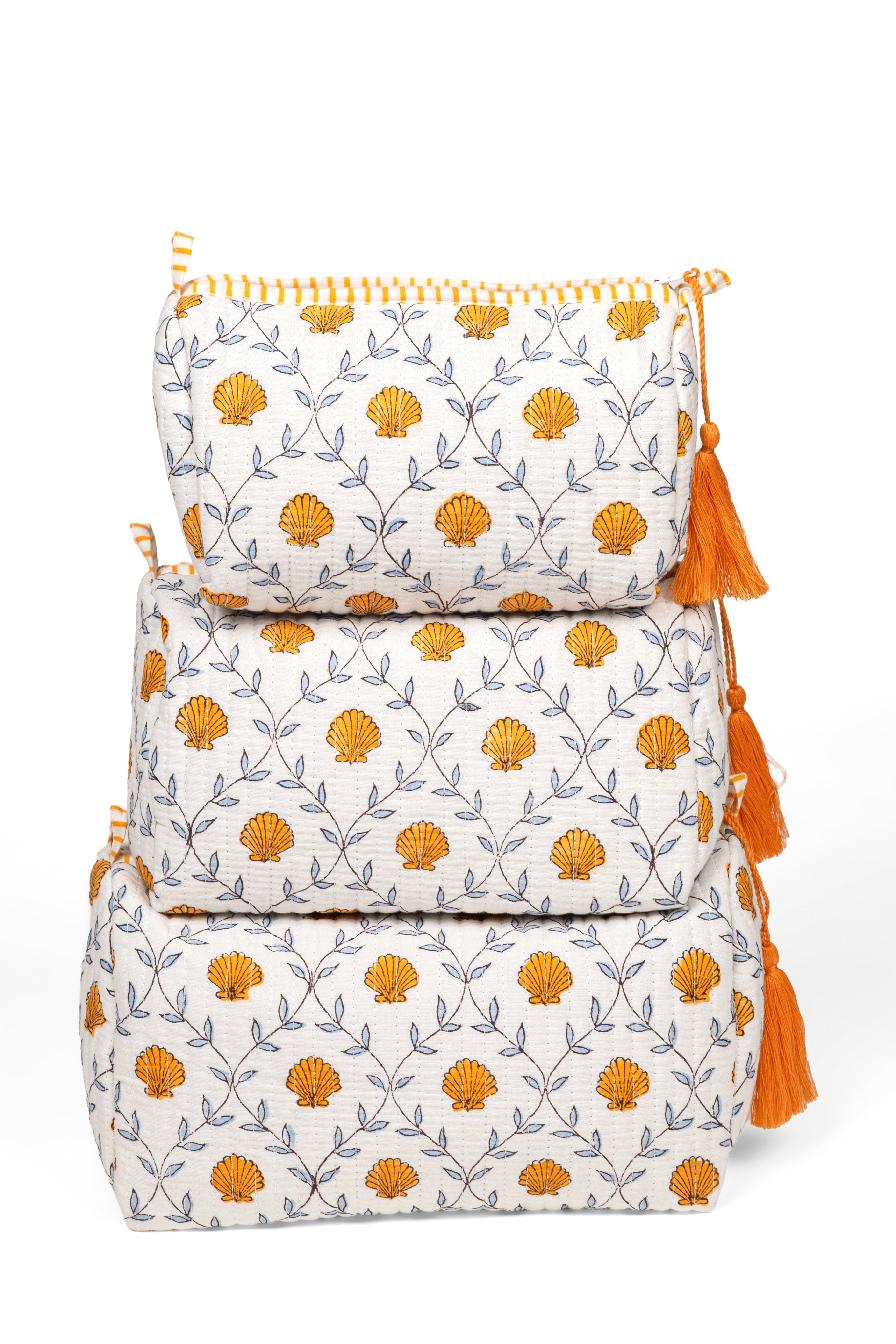 Seashell Blockprint Makeup Bag, Set of 3