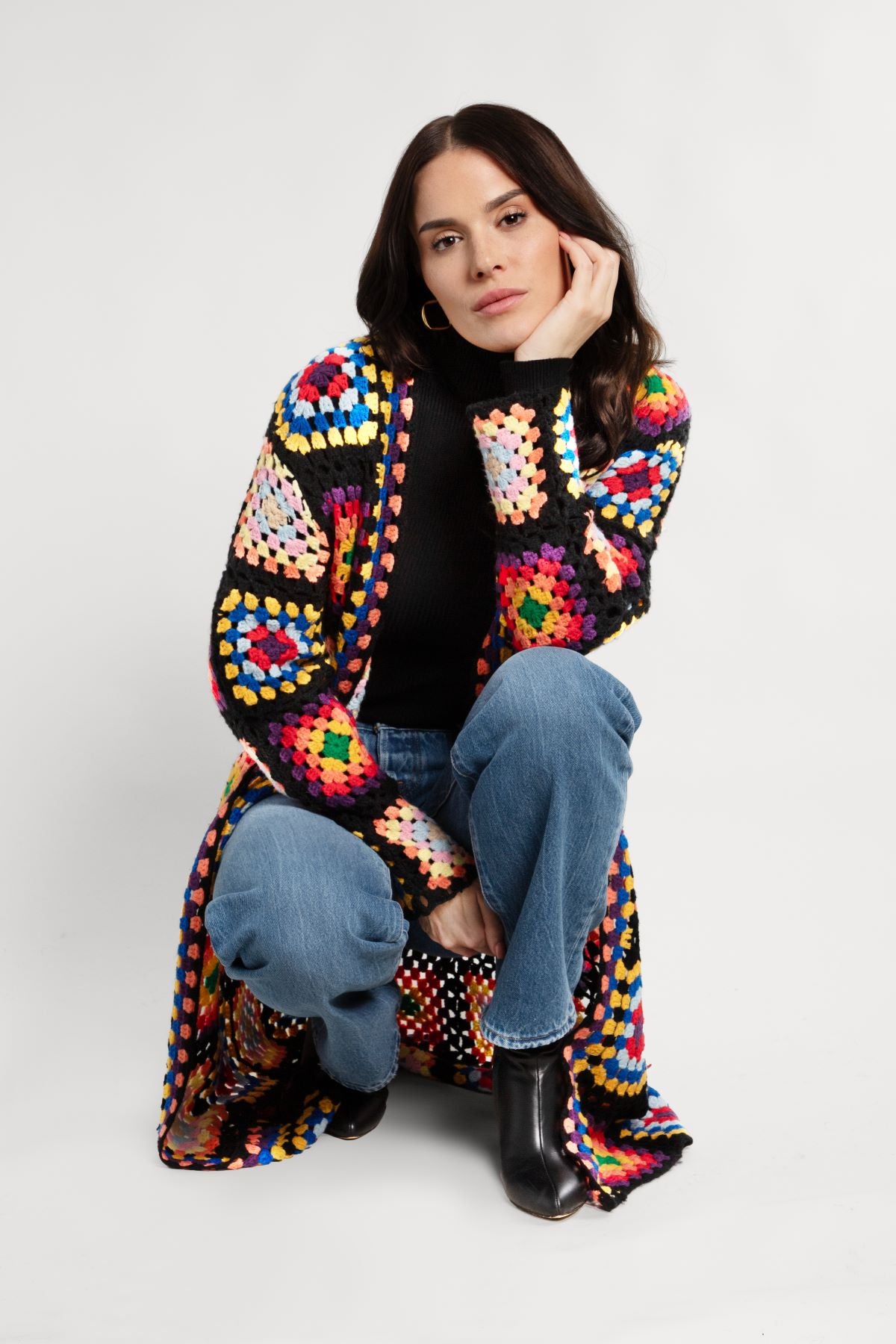 Granny Square Crochet Kimono - Black