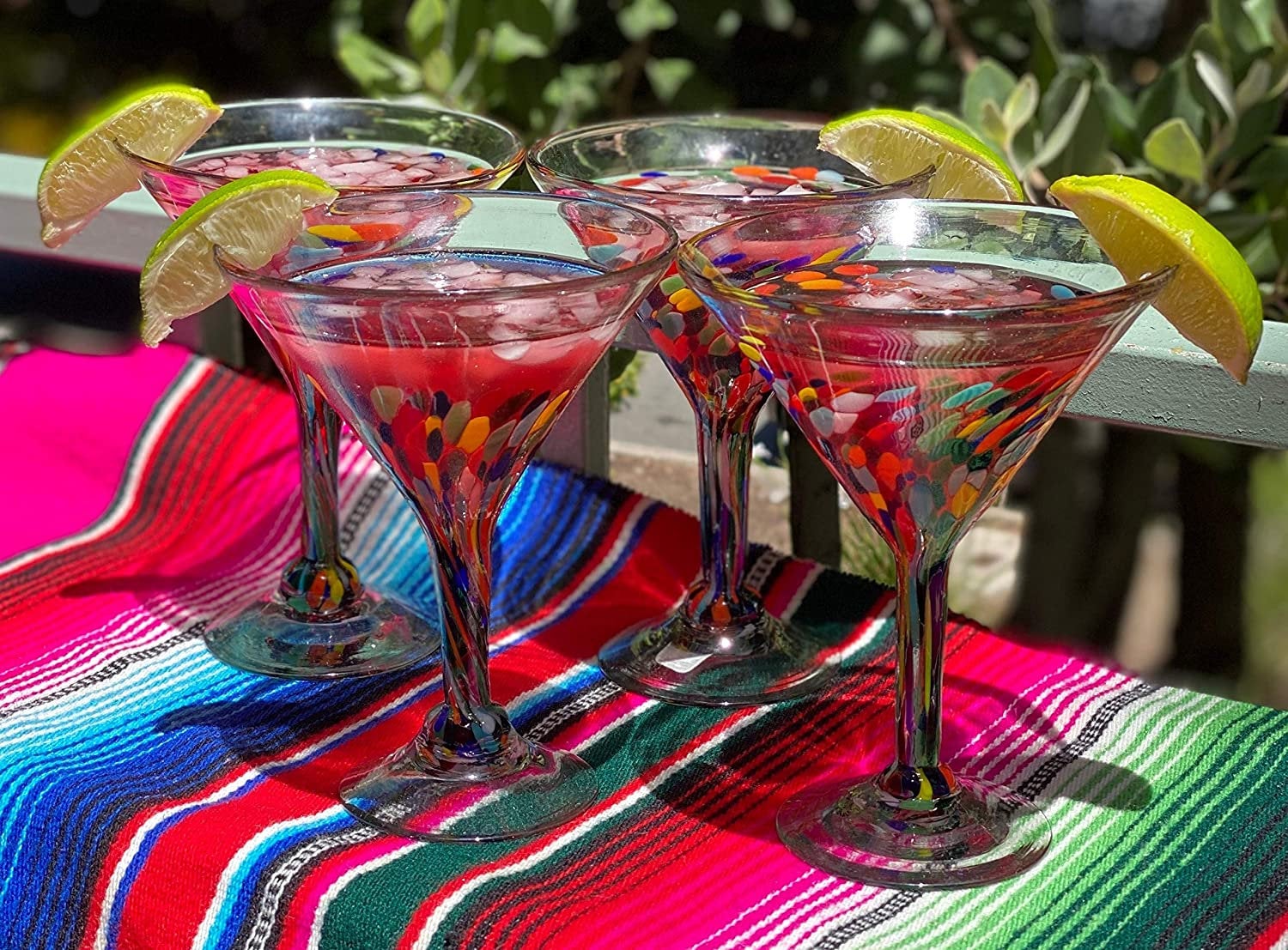 Mexican Hand Blown Glass – Set of 4 Hand Blown Modern Margarita Glasses - Confetti Carmen (12 oz) - Dos Sueños