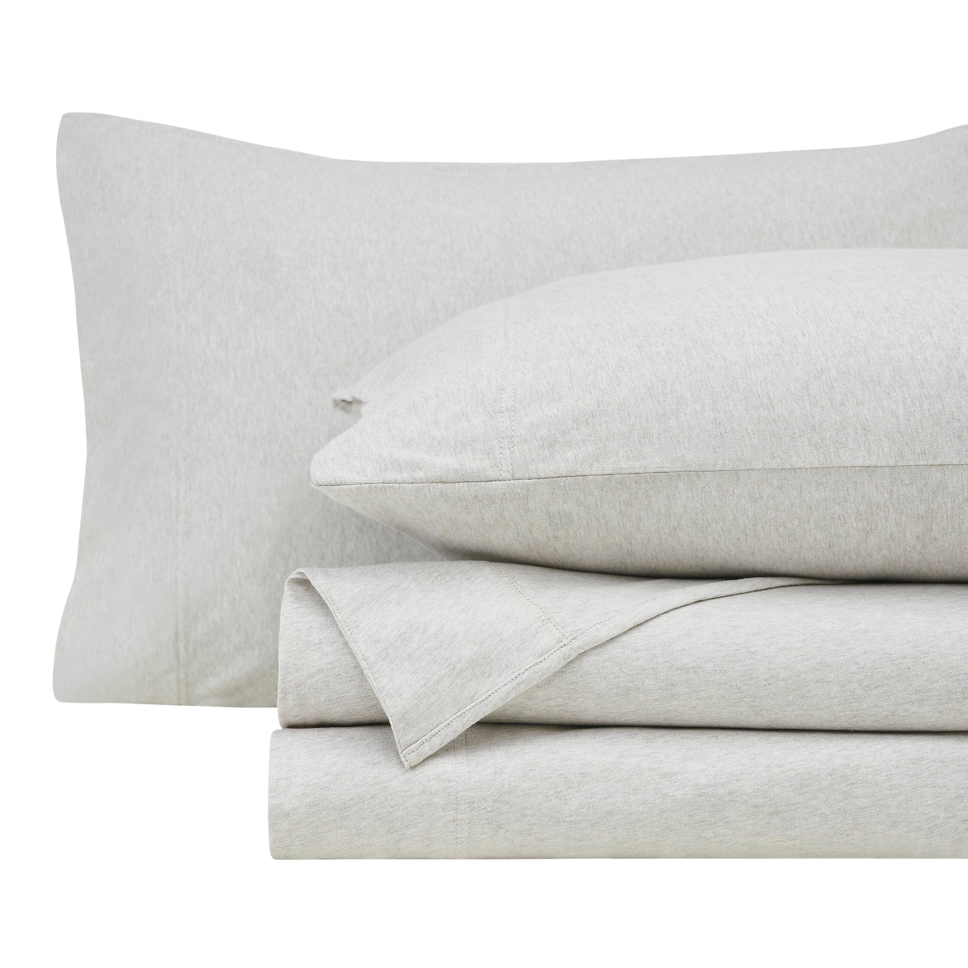 QSS-526-6080_5|Neatly folded light grey 100% cotton jersey sheets and pillowcases, essential for soft, breathable, cozy bedding.