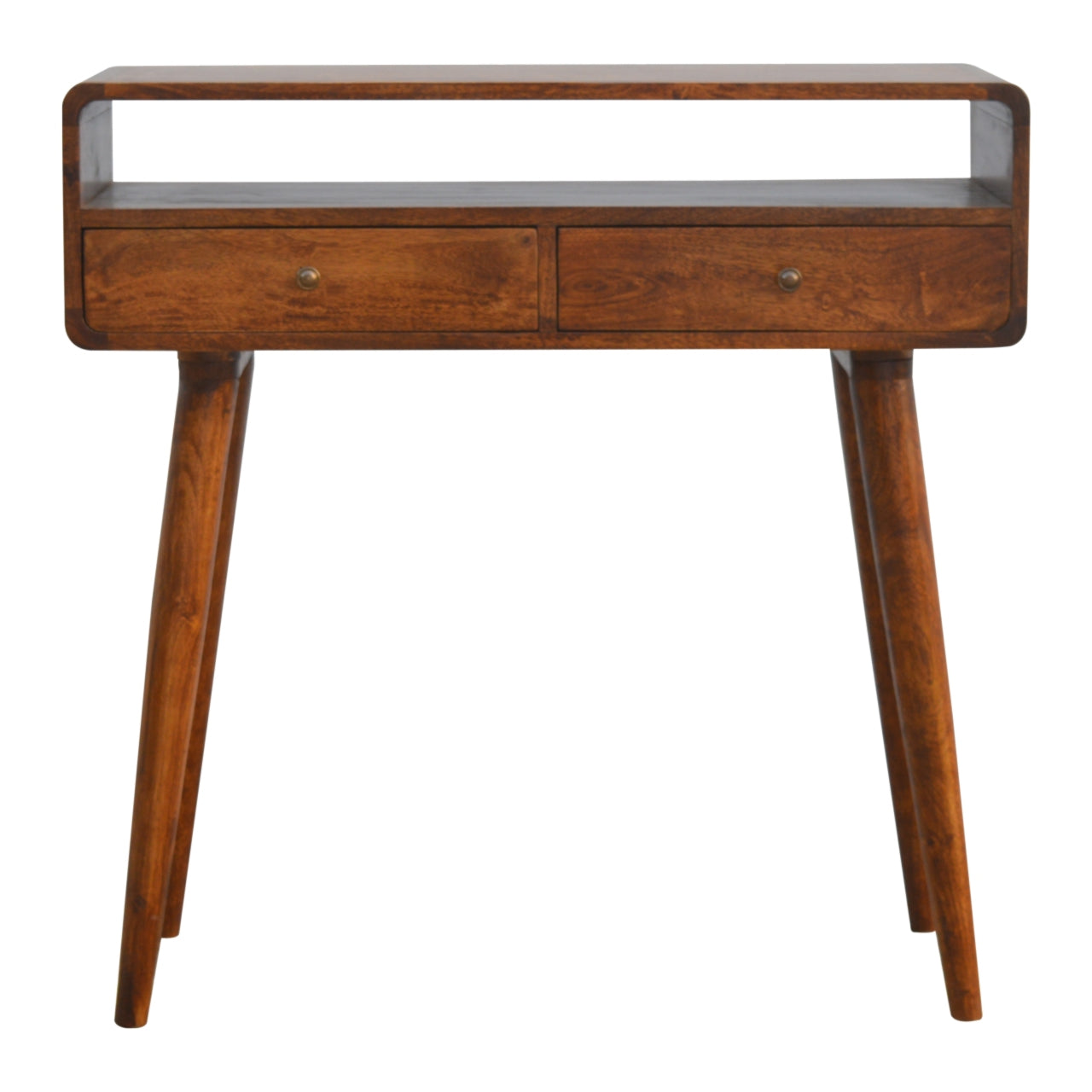 Curved Chestnut Console Table, 2-Drawers, 1 Open-Storage, Brown