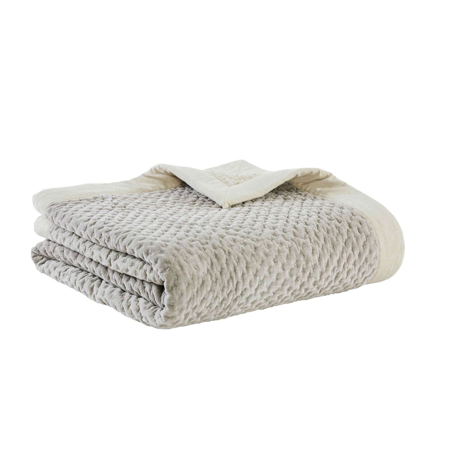 QT-330-9496-PO1223_2|Neatly folded light sage grey quilt, revealing its intricate textured popcorn stitch pattern and elegant cream border.