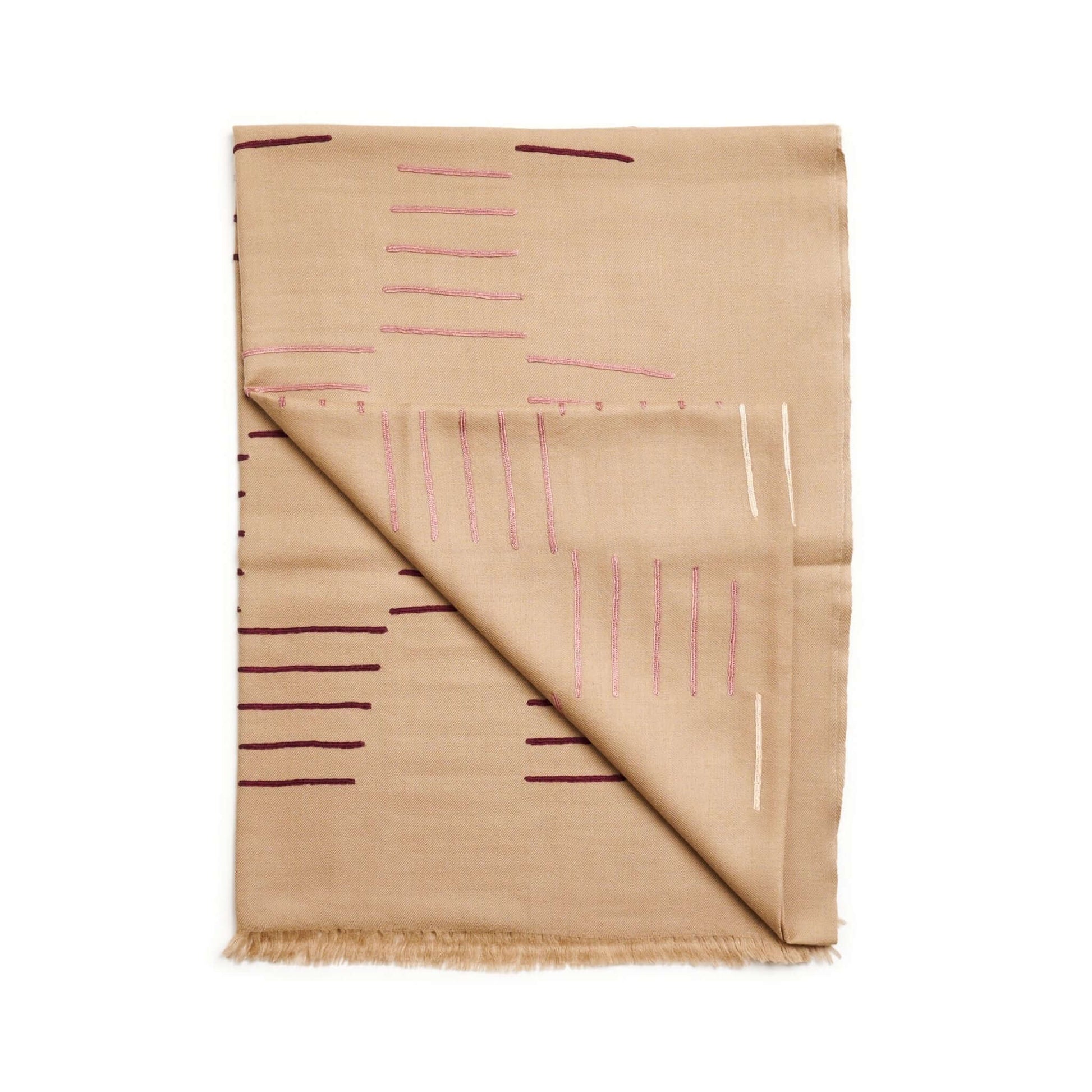 Maple Beige Handwoven Hand Embroidered Classic Scarf featuring unique patterns and soft texture.