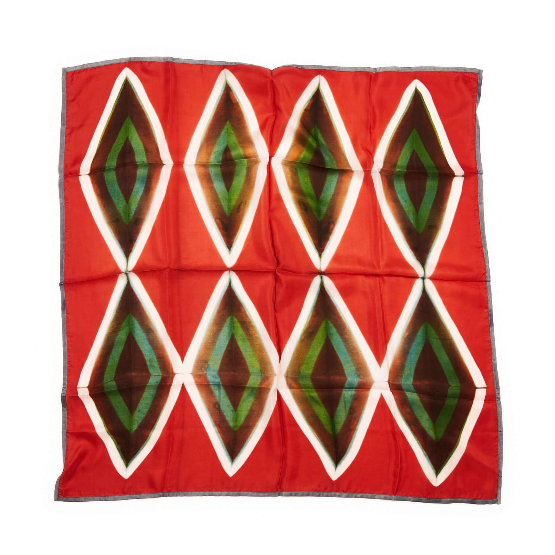 Fawn Square Silk Artisanal Scarf In Multicolor Hand Crafted Shibori Print featuring unique diamond patterns in earthy tones.