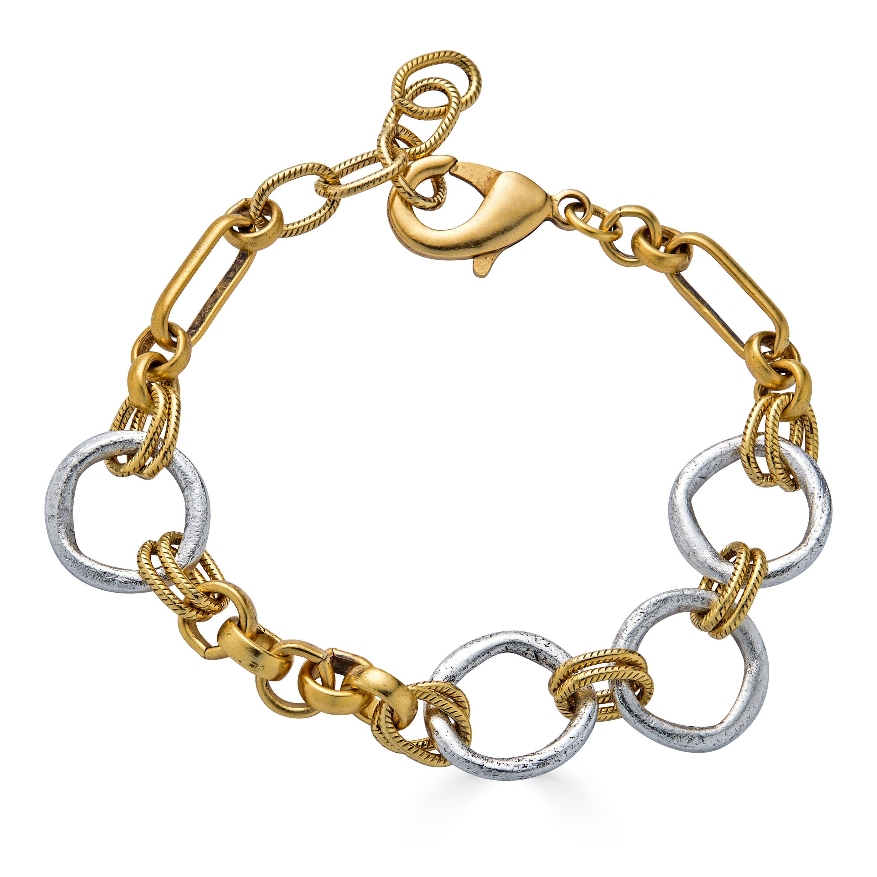 Mixed metal bracelet with oversized gold and silver rings connected by twisted rope links and chain details.