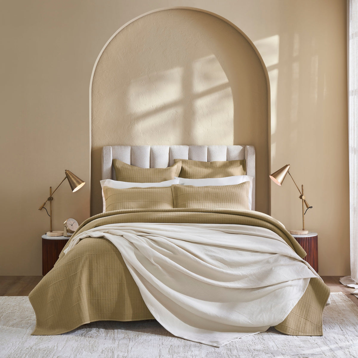 CL-269-11096_6|Luxurious beige quilted coverlet adding texture and warmth to a modern bedroom setting with neutral tones and natural light.