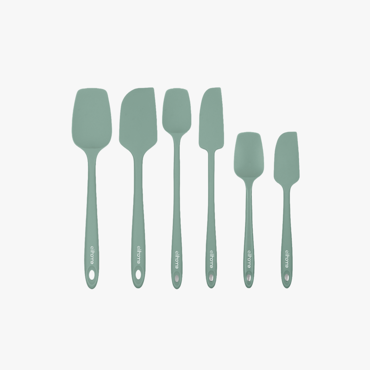 Elihome 6 Piece Silicone Spatula Set in Sage Green, 6 pieces of BPA free platinum silicone kitchen tools with reinforced steel cores and ergonomic non-slip handles