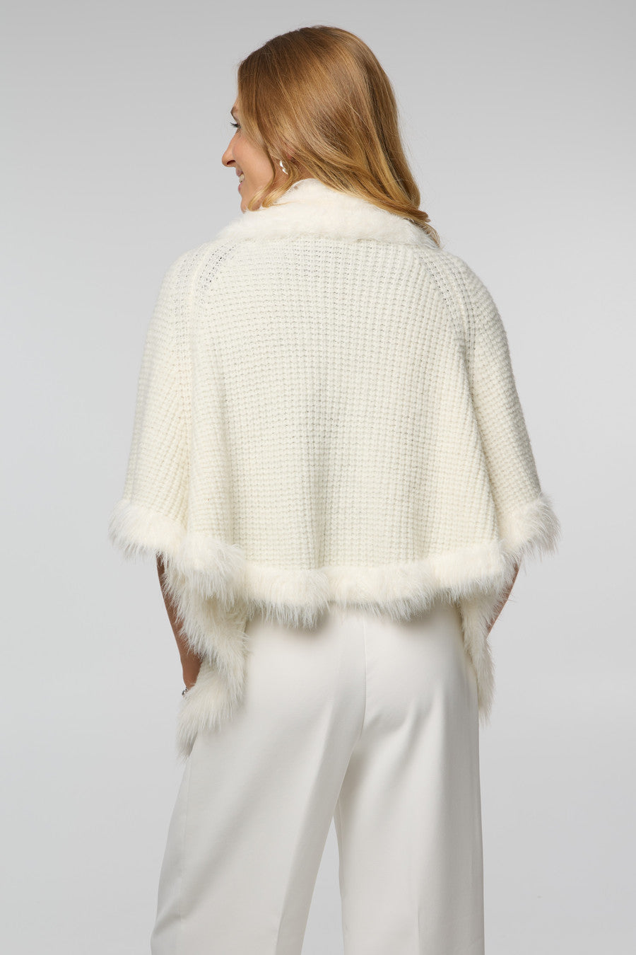 FUR TRIM KNIT OPEN CARDIGAN - White