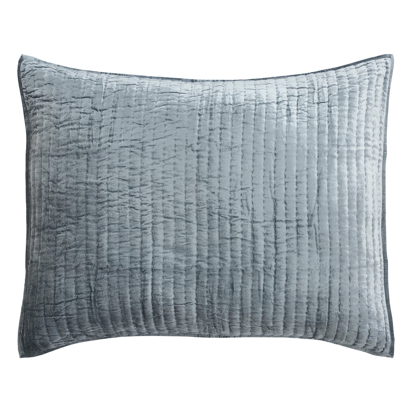 DE-340-3137_1|Dusty blue velvet quilt with textured horizontal channel stitching, providing a cozy and inviting plush feel.