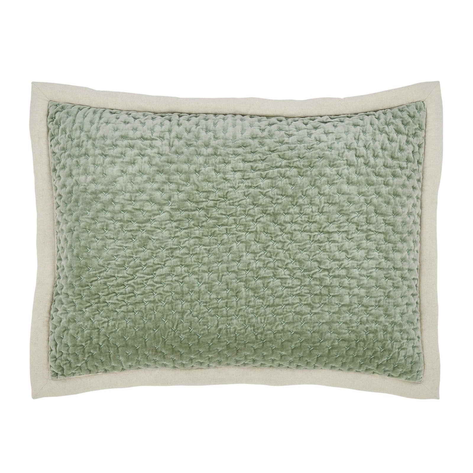 SS-328-2026_1|Luxurious sage green velvet quilt sham with intricate square quilting and a natural linen-look framed border. Elegant accent piece.