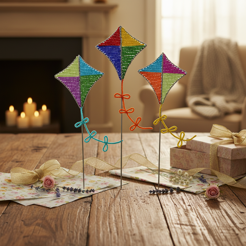 Colorful beaded kite garden stakes as a gift on a rustic wooden table