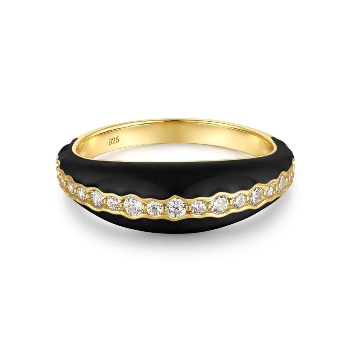 Gold and black ring with diamonds from Tapered Black Enamel & CZ Channel Ring collection