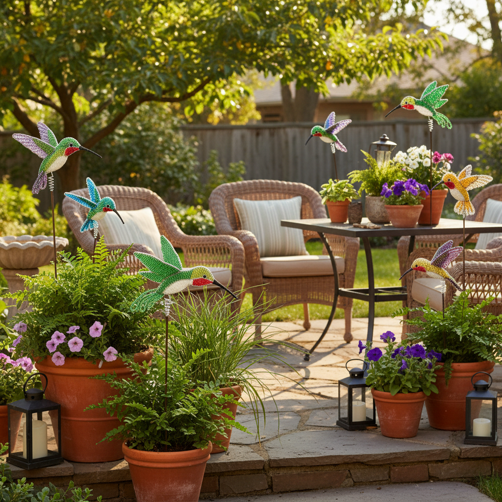 Beaded hummingbird garden stakes in a charming backyard patio setting with potted plants and garden decor