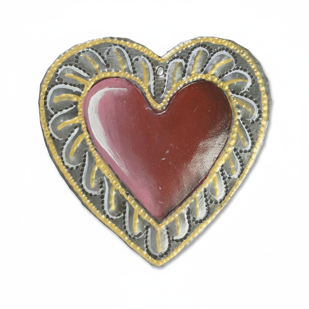 Red Painted Heart Ornament - handcrafted Haitian metal art holiday ornament on white background