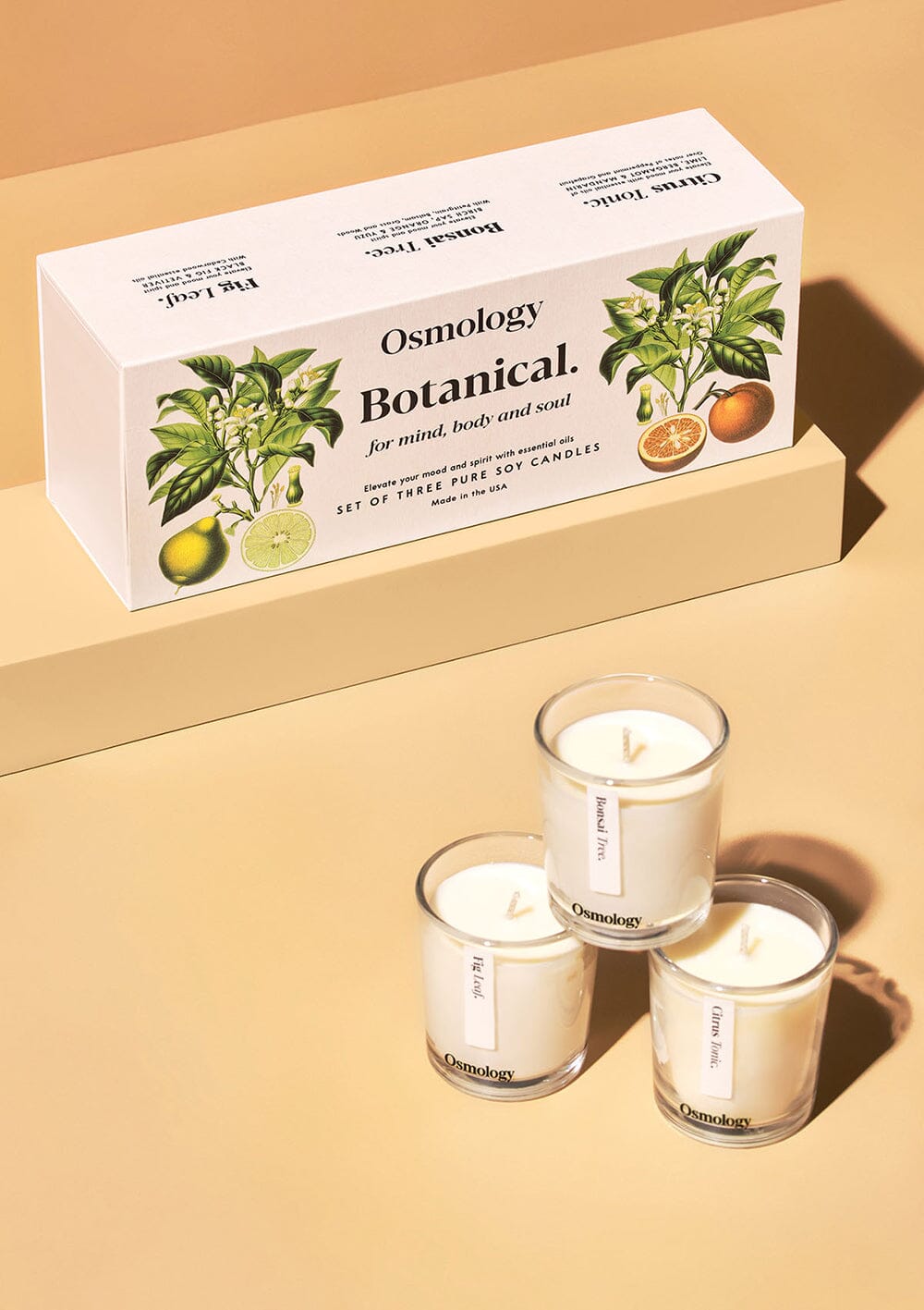 Osmology Botanical gift set of mini candles displayed next to product packaging against a white background