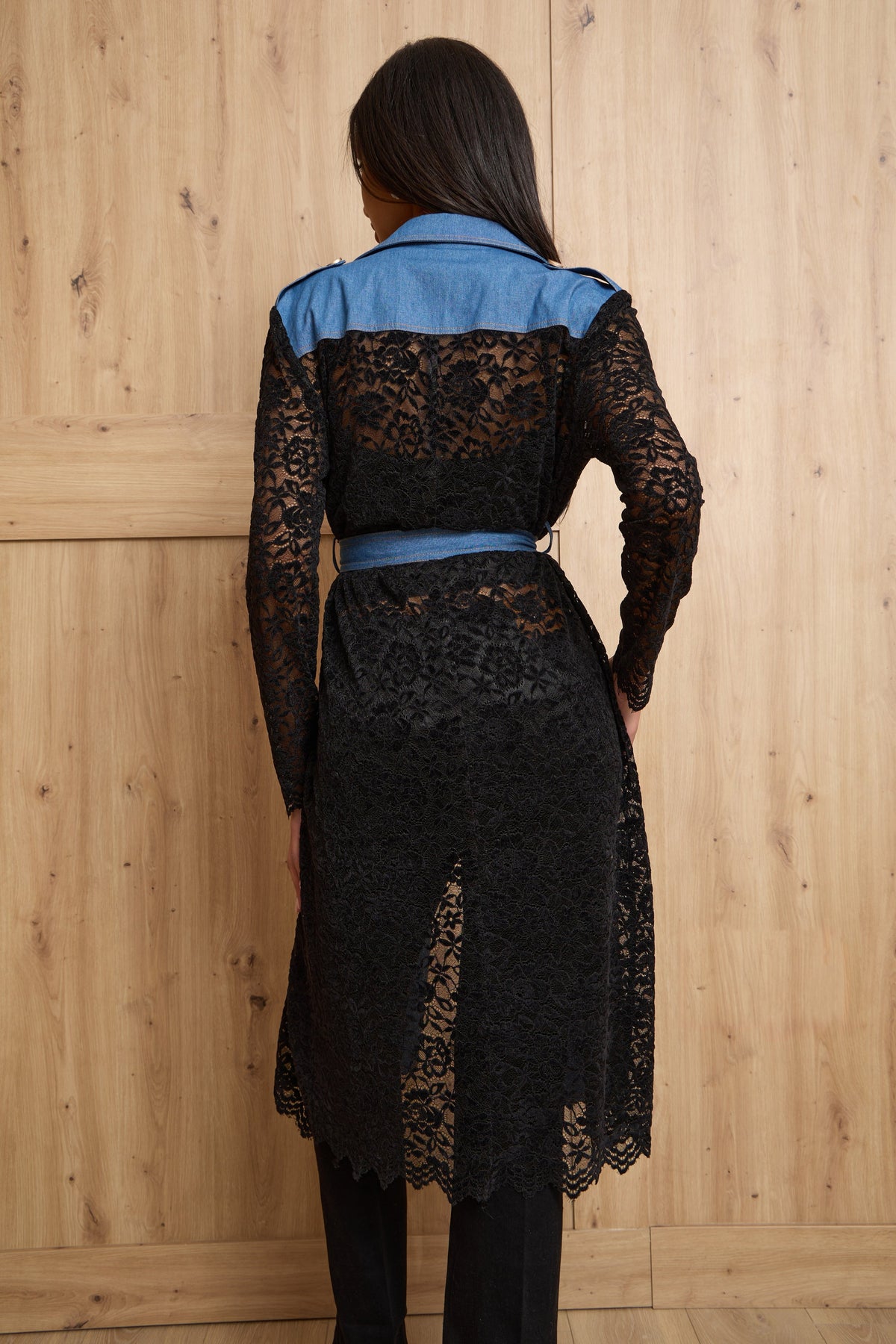 Lace Denim Trench Coat Jacket - Denim