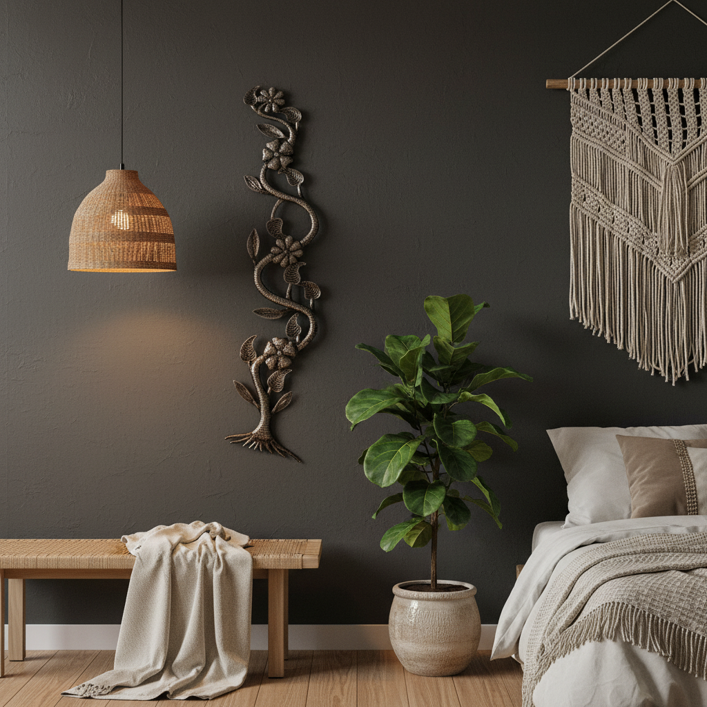 To the Heavens Haitian metal art on dark accent wall in bohemian bedroom