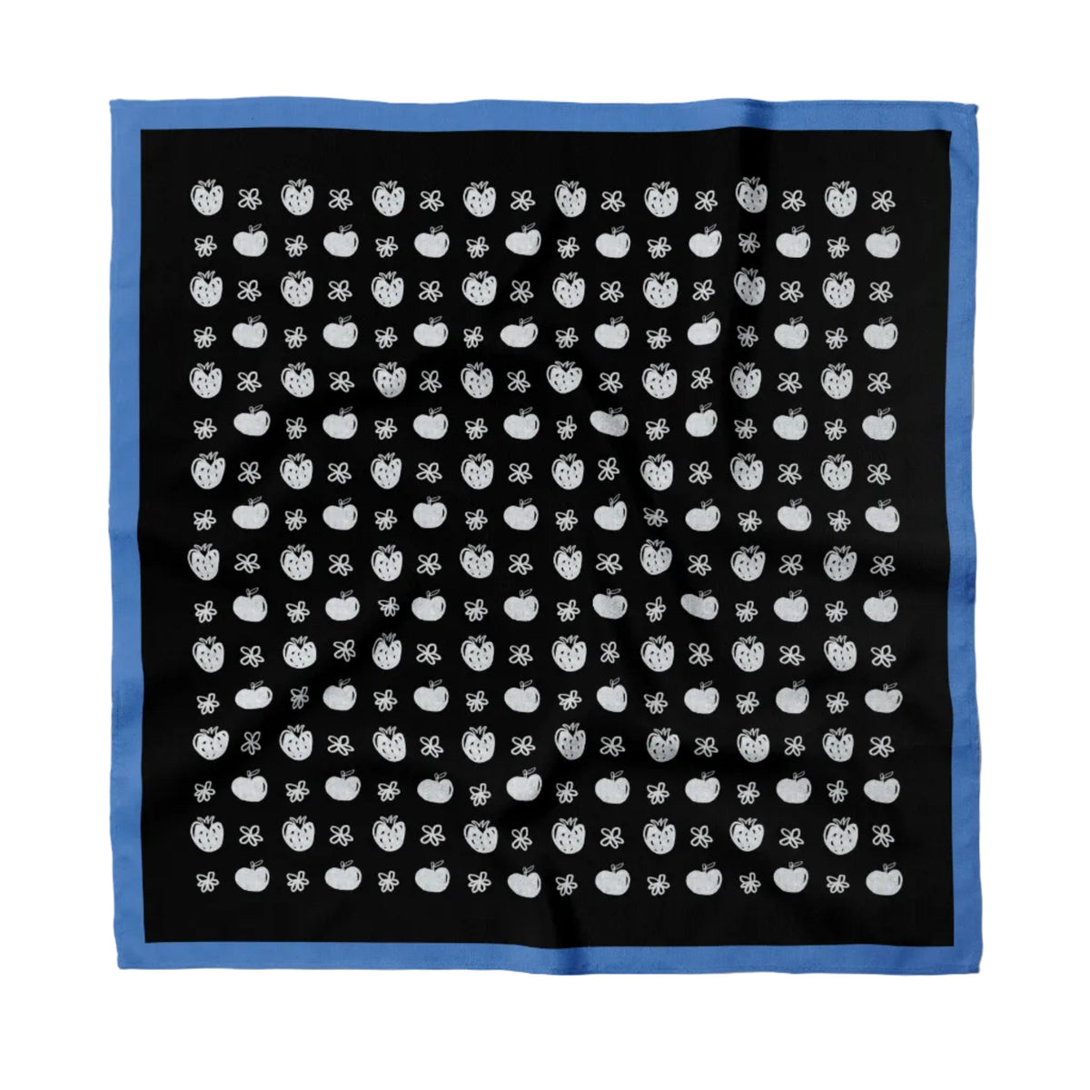 Black bandana with white apples, strawberries and flowers pattern on a white background