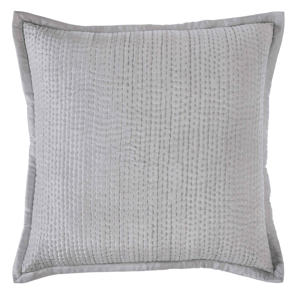 ES-156-2626_1|Light grey quilted coverlet featuring a small, dense grid pattern with vertical stitching. Soft woven texture, plain flange border.