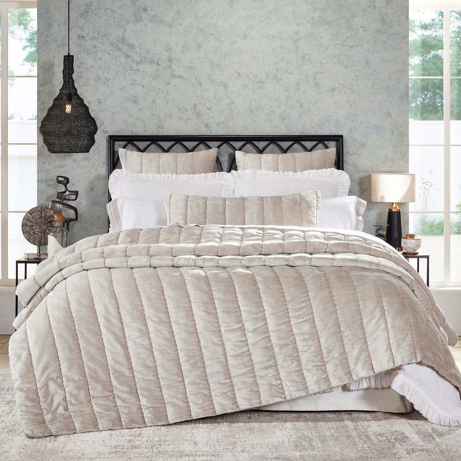 QT-339-DUP-X_1|Elegant light beige velvet quilt featuring a distinctive horizontal gathered pattern, creating a luxurious and serene bedroom.
