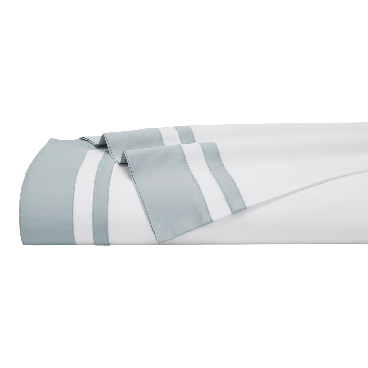 TFL-541-3980_5|Neatly folded 100% cotton sheet, bright white with elegant light blue striped borders, highlighting quality, comfort, and style. (120 chars)