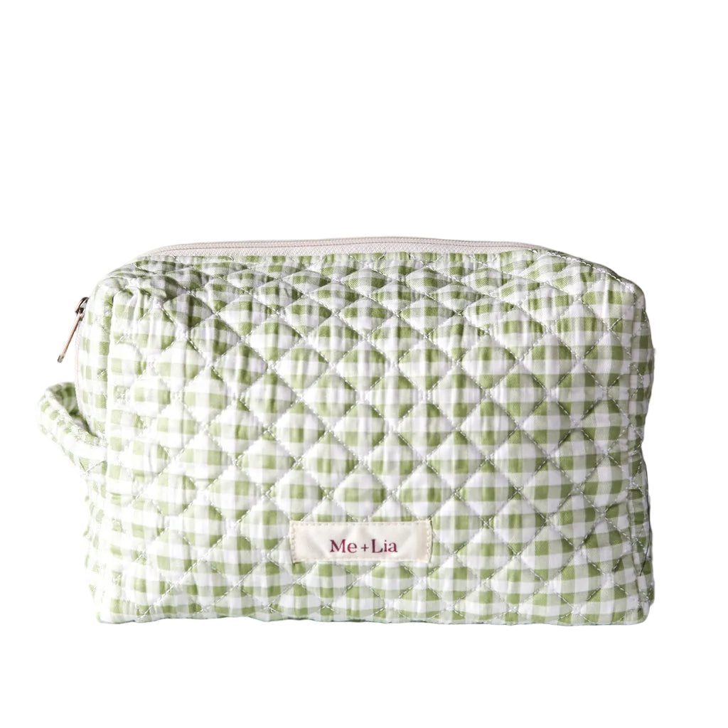 Gingham Matcha Make-up Bag Large — green gingham quilted cotton travel pouch with Me + Lia label