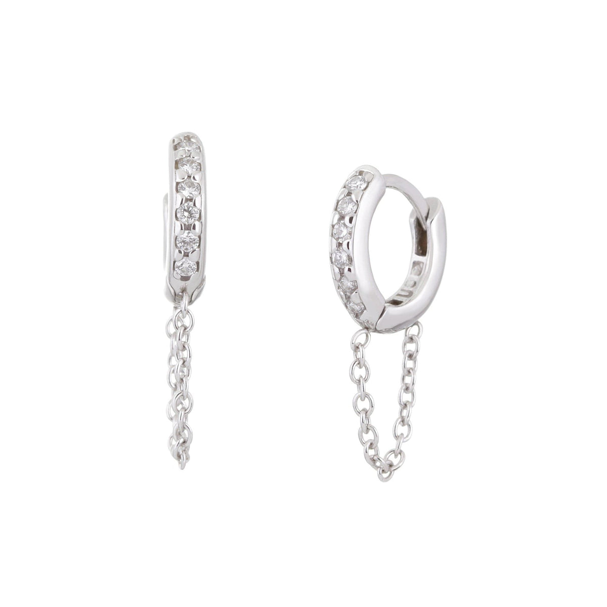 Silver hoop earrings with chain from 12.5mm Diamond and White 14K Gold Huggies