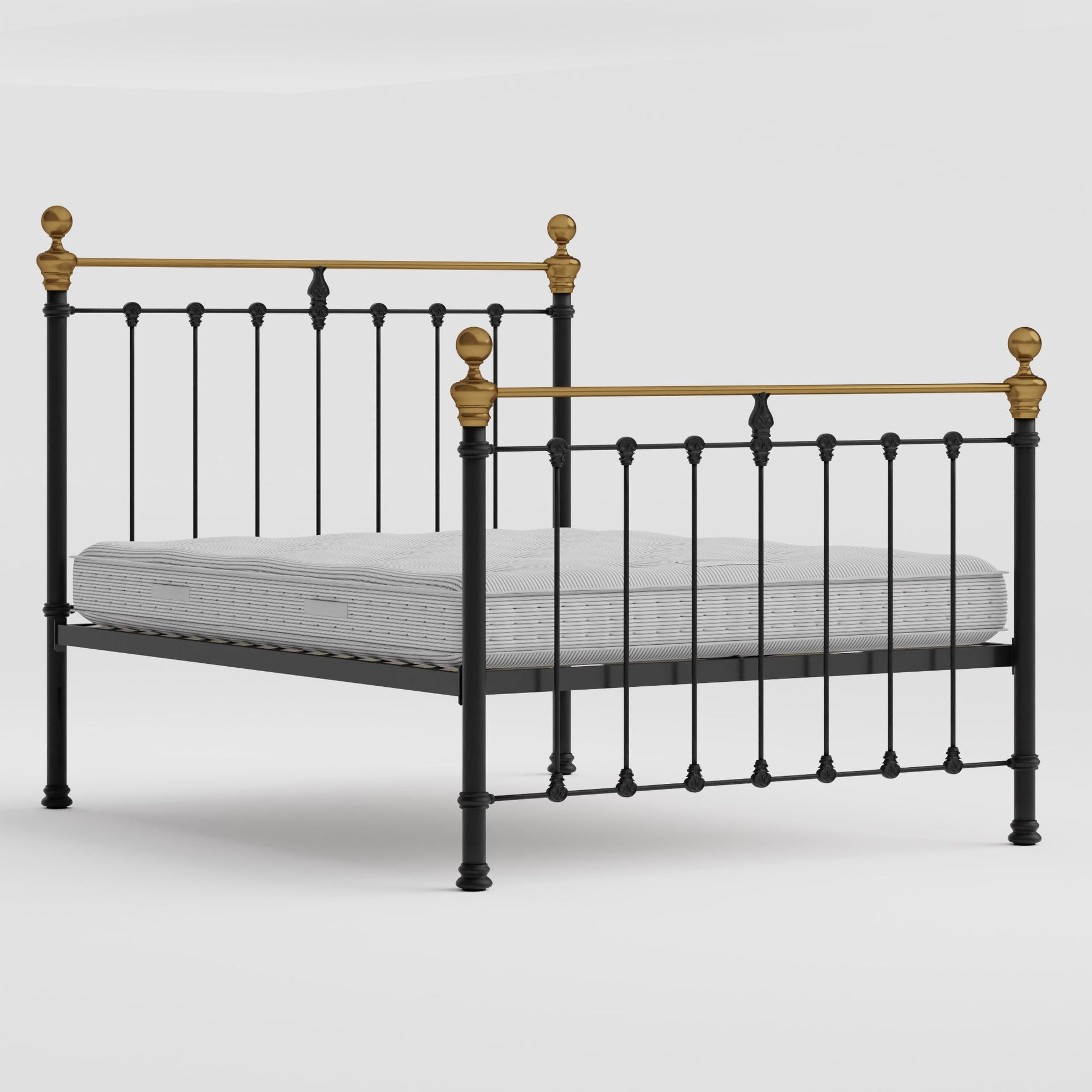 MB-205-6080_3|Elegant black metal bed with brass finials, traditional design. Perfect for a classic bedroom, sturdy metal frame.
