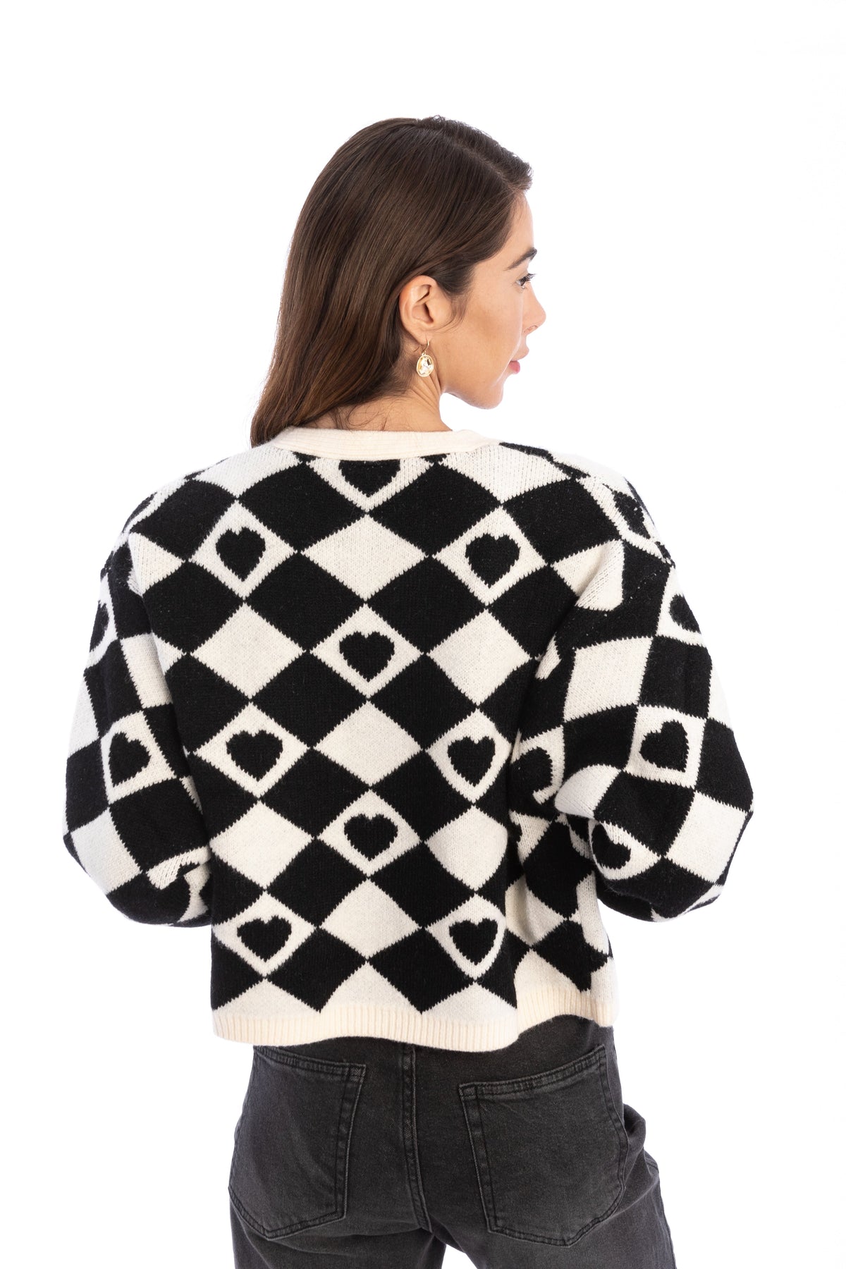 Checkered Hearts Cardigan Cropped - White