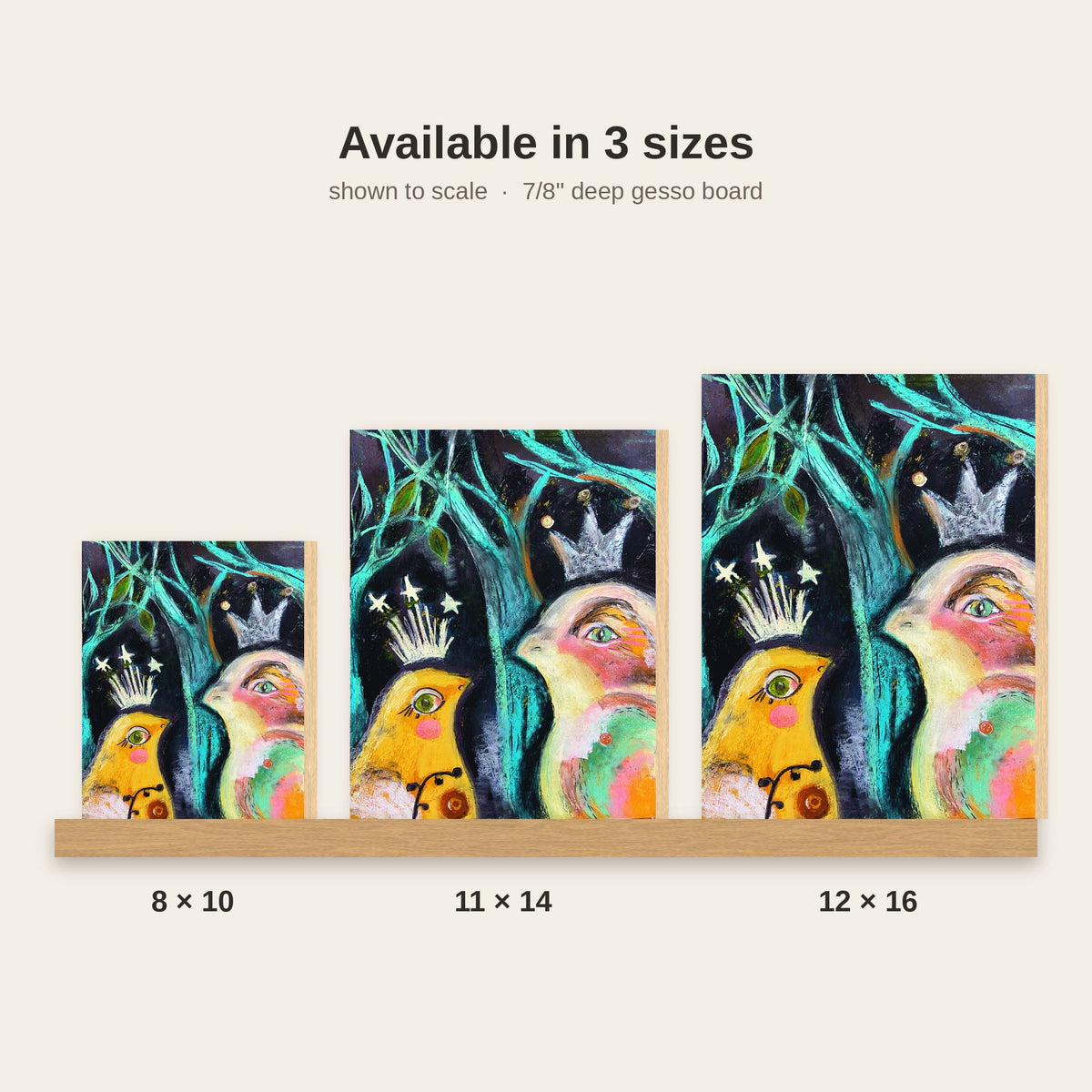 New Friend bird art print shown in three sizes, 8×10, 11×14 and 12×16, on a beige background
