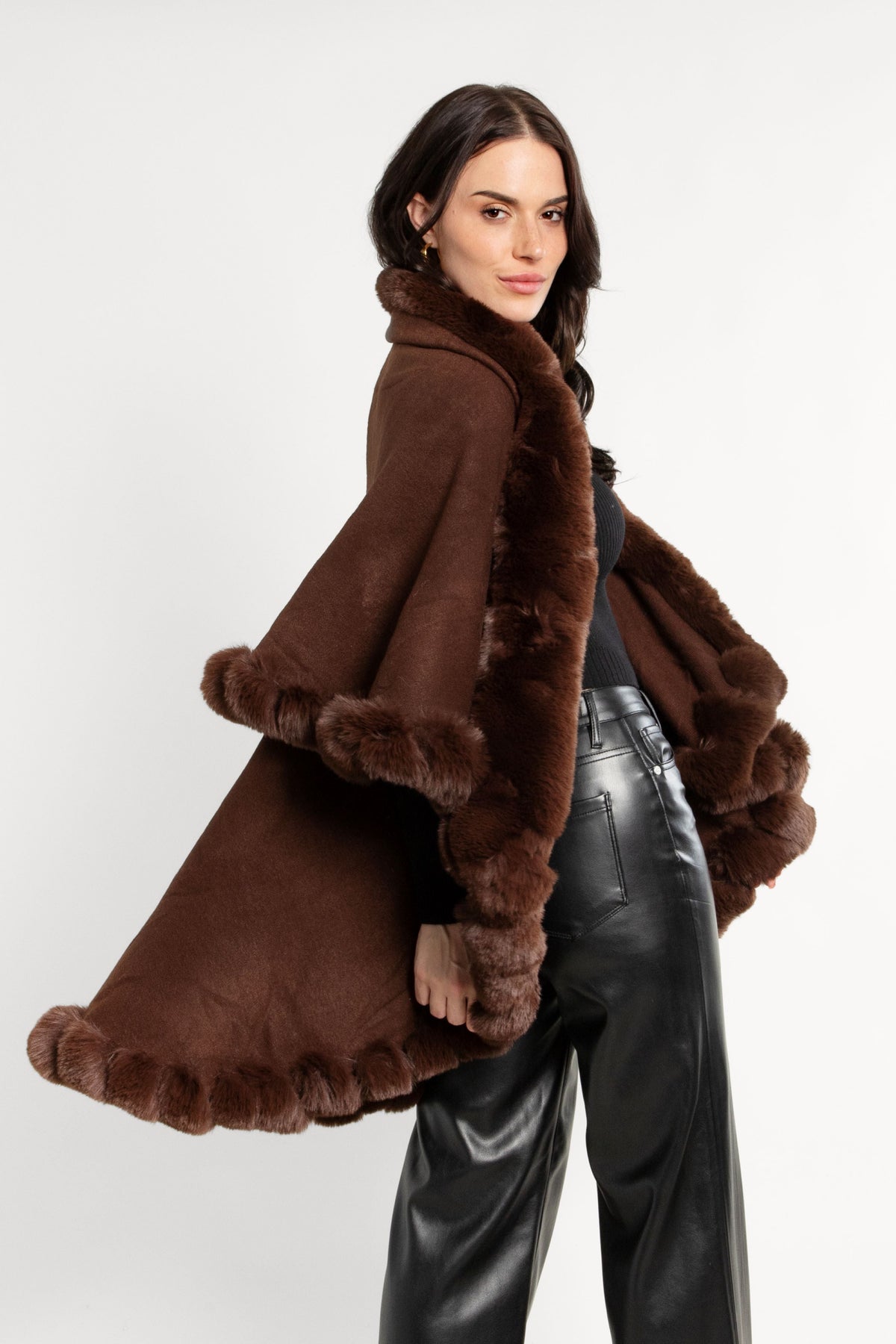 Layered Kimono Faux Fur Cape - Brown