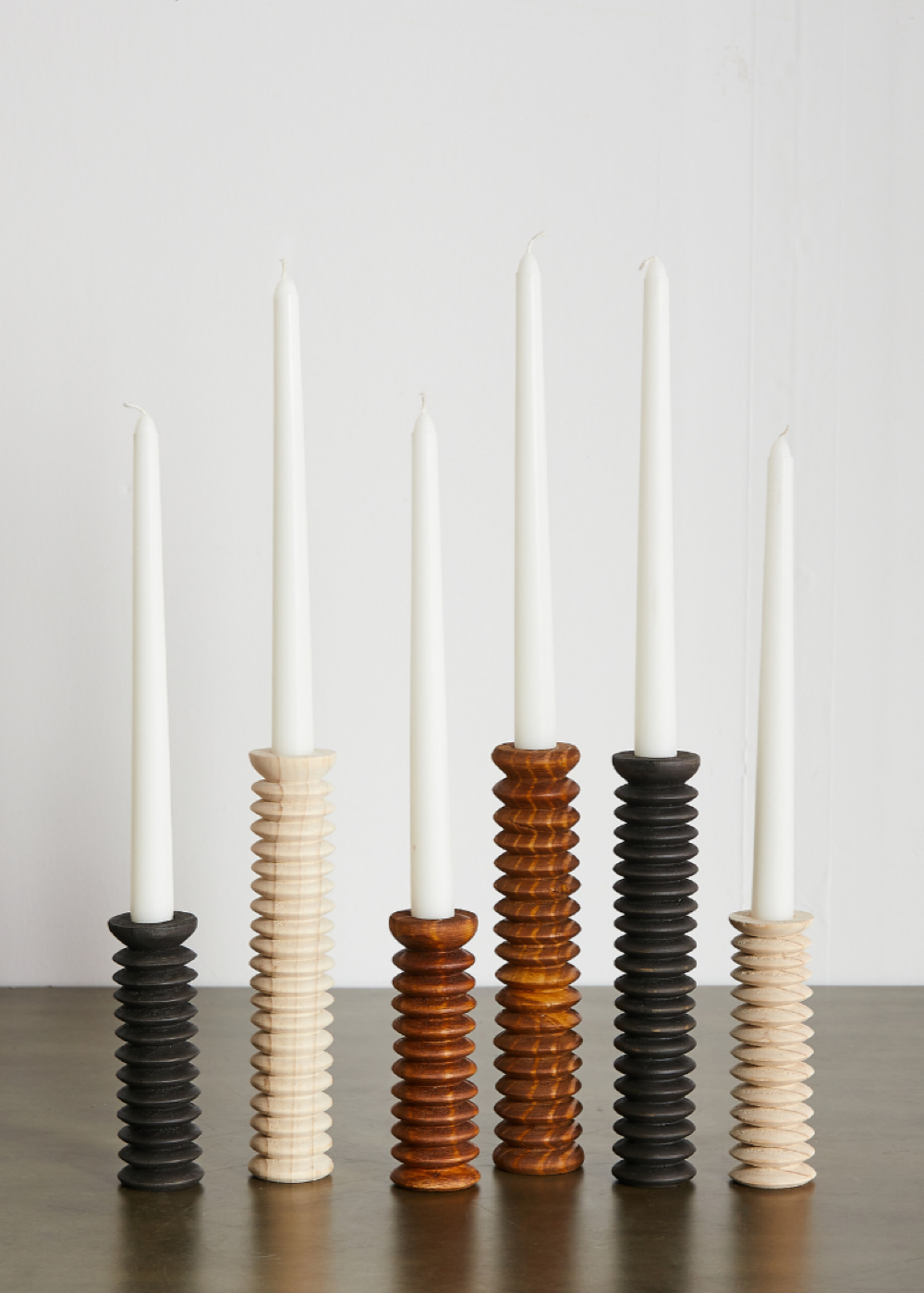 Hand Carved Pine Wood Candle Stick Holders Spiral 