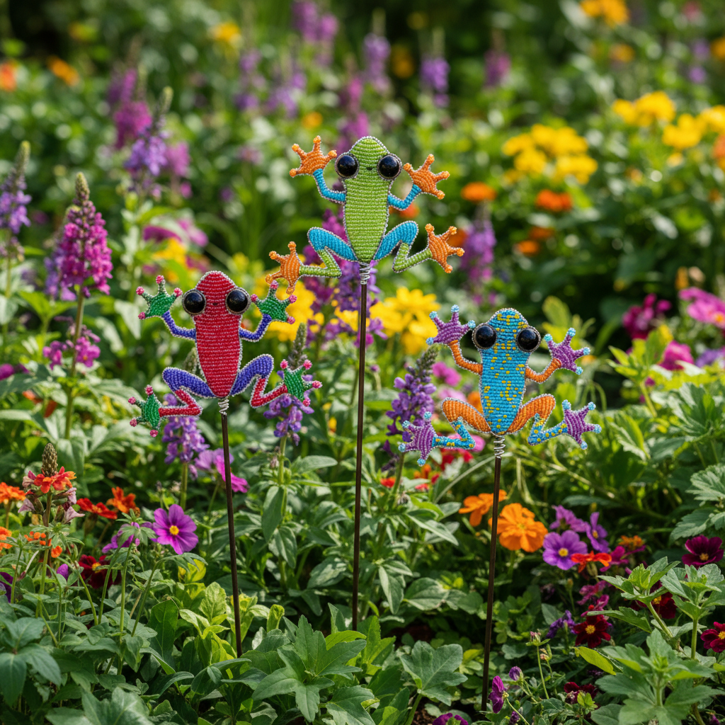 Colorful beaded frog garden stakes displayed in a lush garden bed with blooming flowers
