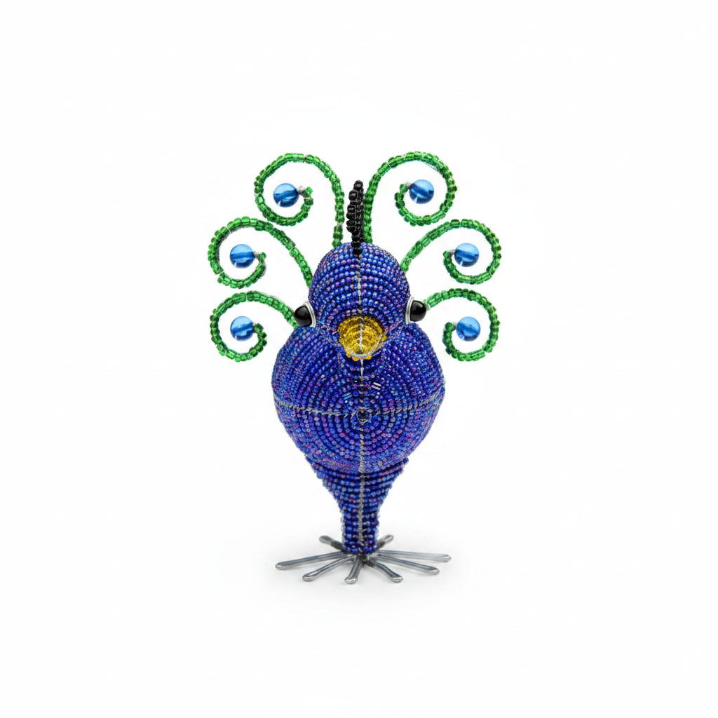 Peacock Baby Set of 2 - handcrafted beaded peacock figurine on white background