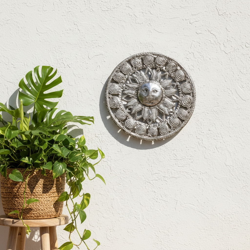 Here Comes the Sun Haitian metal wall art hung on coastal exterior stucco wall with tropical plants