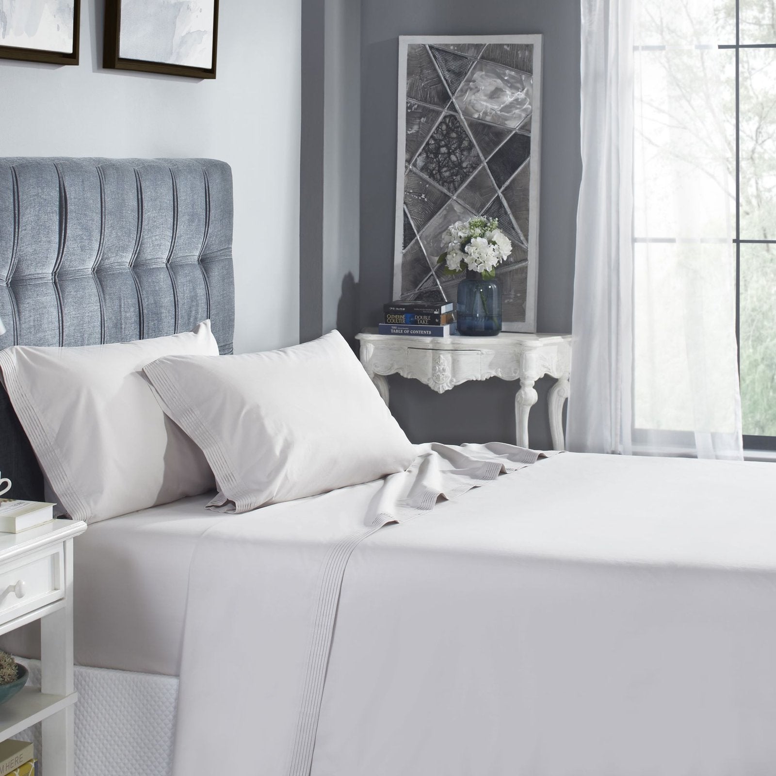 CSS-523-7284_1|Elegant light grey 100% cotton sheets on a bed, enhancing the cozy bedroom decor. Soft, breathable, and luxurious pure cotton.