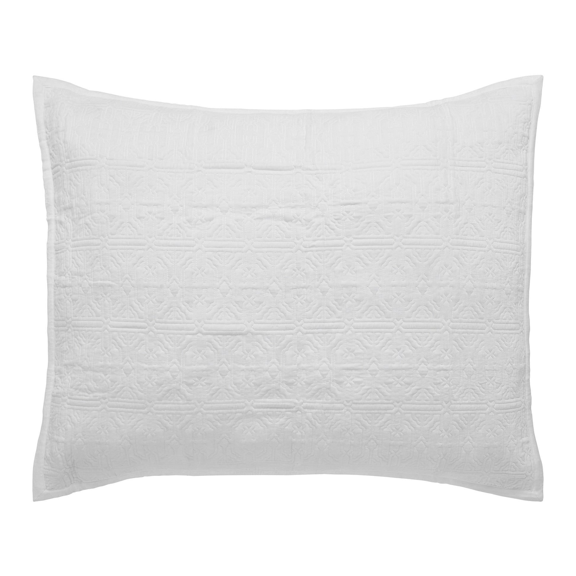 DE-376-3137_1|Crisp white quilted cotton pillow sham, elegant geometric medallion pattern. Fresh, clean bedding for a classic bedroom look.