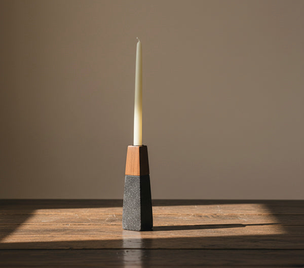 close-up of marble and wood contrast on candleholder