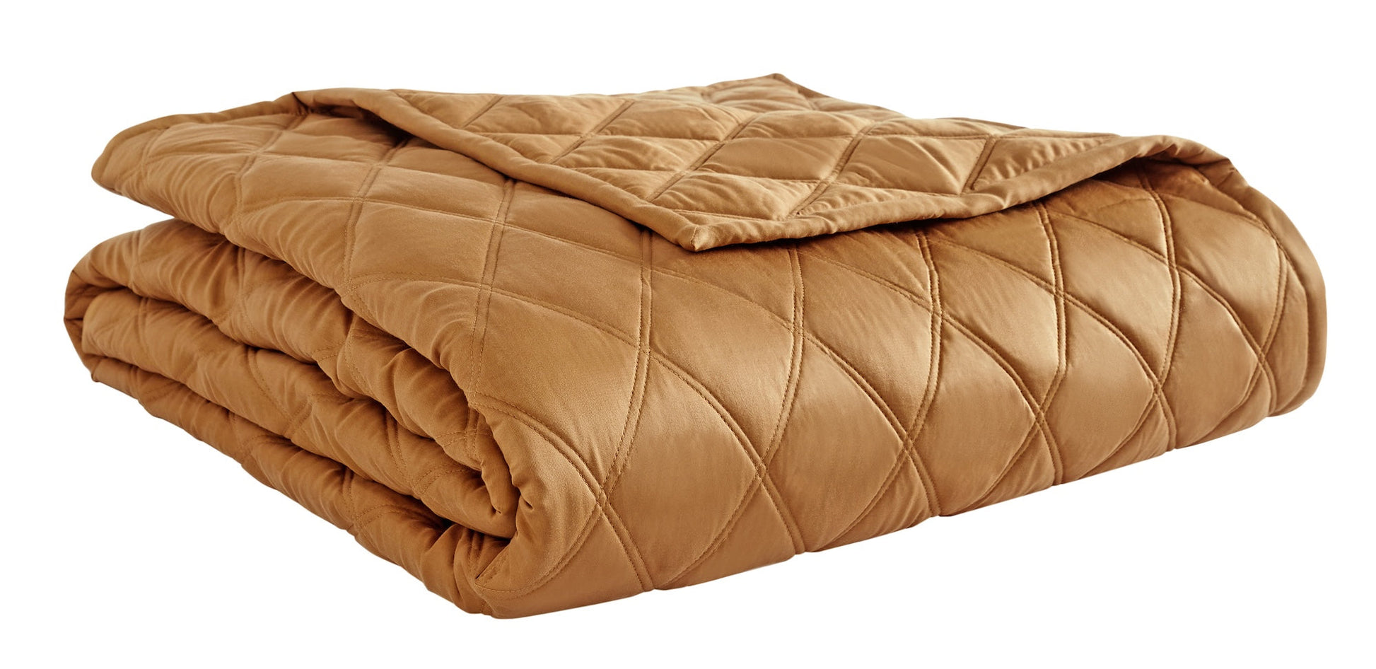 CL-260-9496_6|Plush golden bronze quilted coverlet, carefully folded, highlighting its soft diamond pattern for stylish and adaptable use.