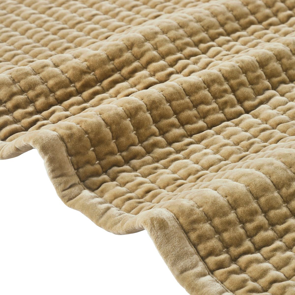 CL-267-11096_9|Detailed close-up of a tan velvet quilted coverlet, emphasizing its unique plush texture and rich stitching pattern.