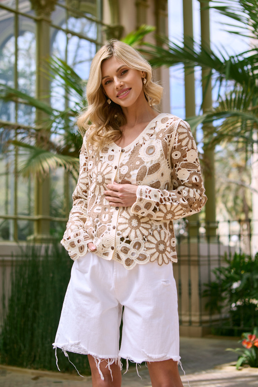 Flower Lace Crochet Jacket - Brown