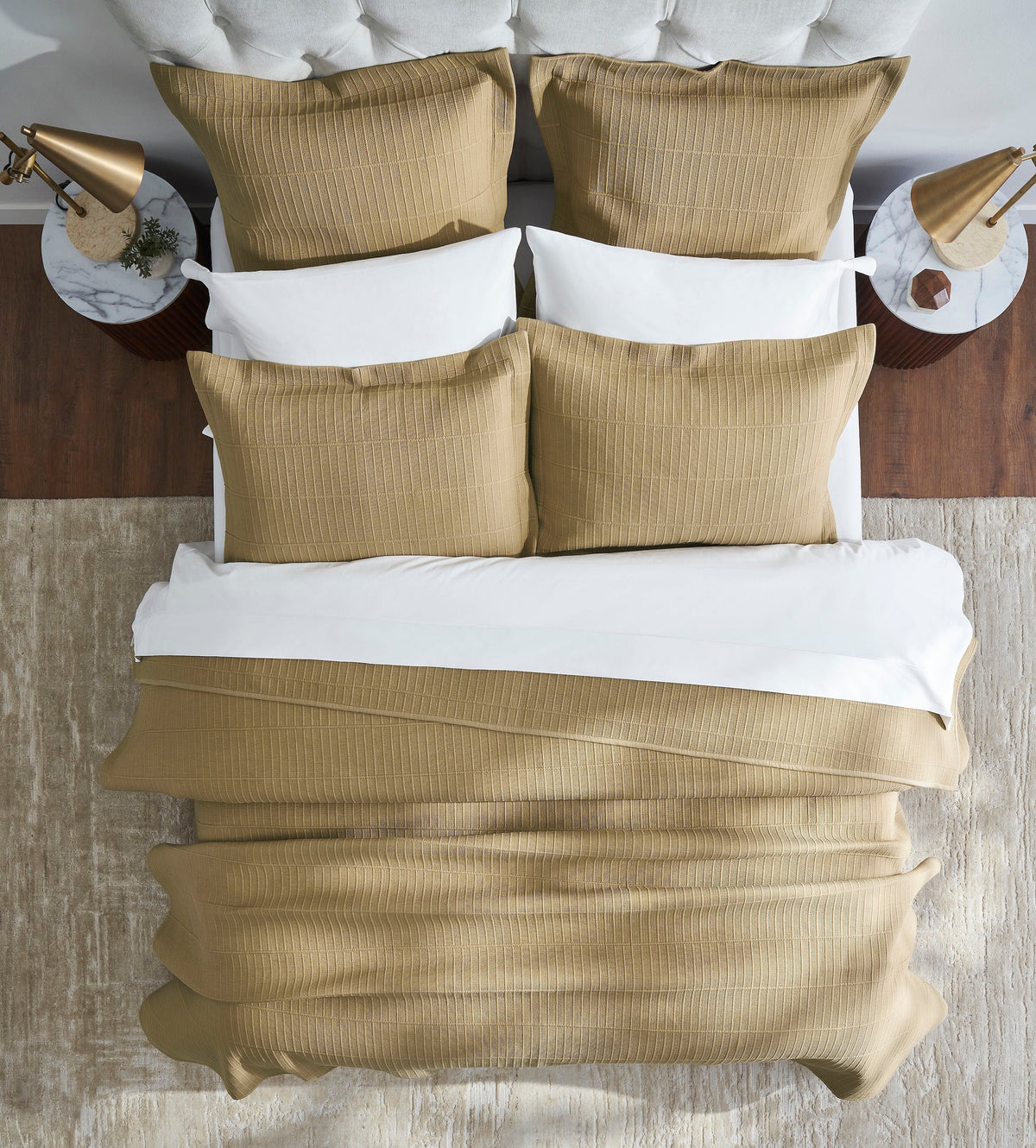 CL-269-11096_4|Gold beige textured quilted coverlet and matching pillows on a bed, showcasing luxurious and comfortable bedding.